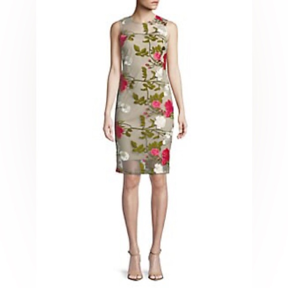 Calvin Klein Tan Floral Sheath Dress with Pink & Green Blooms